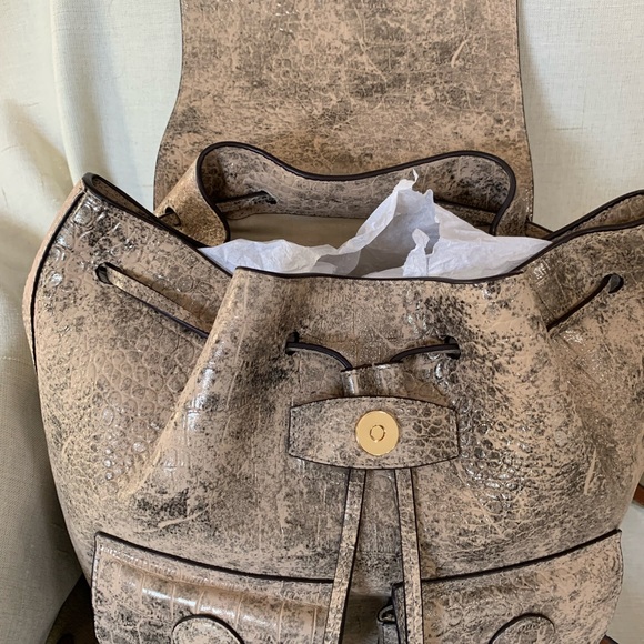 RALPH LAUREN Backpack Olive Bronze Tan Croc Embossed Leather Preppy Bag - Picture 8 of 11